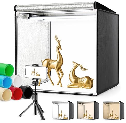 Caja de Luz Fotografía 40x40CM, Couleeur 5600K Plegable Estudio Fotográfico con 120LEDs Ajustables y 6 Tableros de Fondo de Fotografía de PVC, Light Box CRI 95+ Adecuada para Exhibición de Productos