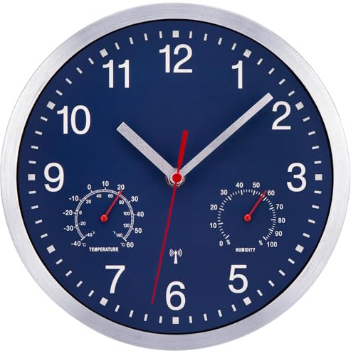 NESIFEE Reloj de pared inalámbrico, silencioso, radiocontrolado, reloj de pared, sin ruido de tictac, con indicador de temperatura y medidor de humedad, silencioso, sin tictac, azul, fácil de leer