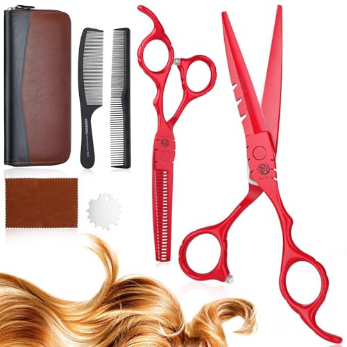 Purple Dragon Set di forbici da parrucchiere, 5,5 pollici, rosse, set professionale (forbici per capelli e forbici per sfoltire), con 2 pettini, barba, modellatura, cura per uomini, donne, famiglia,