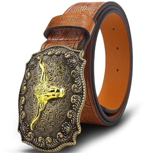 Oyifan Western Cowboy Cowgirl Gürtel, Herren Longhorn Stier Blumengravur, Frauen braun große Schnalle Westerngürtel (Braun, L Passend für Taillengrößen 35-43 Zoll)