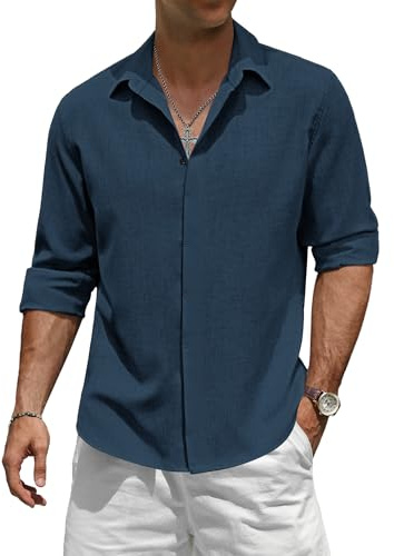 TARAINYA Camisa Lino Hombre Manga Larga Verano Casual Regular Fit Botones Ocultos Azul Oscuro M