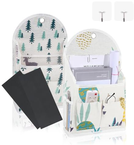 DIBALIYI 2 Pcs Wall Hanging Storage Bag with Pocket, Fabric Organizer Basket with Sticky Hook, Over the Door Caddy Organizer Box for Closet Dormitory Bedroom Bathroom Kitchen (Forest + Pineapple)