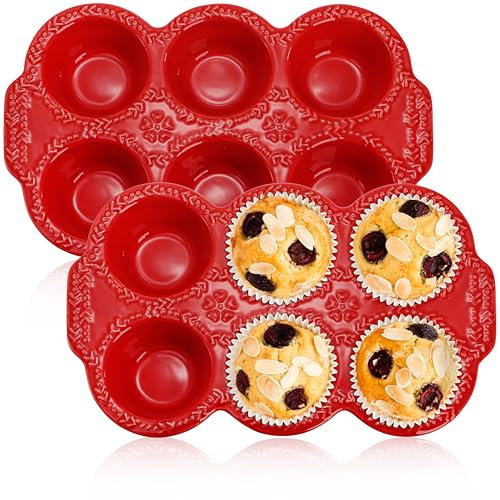 Hiceeden 2 Pack 6-Cup Ceramic Muffin Pan, Nonstick Cupcake Baking Pans with Handle, Ceramic Muffin Tin with Embossed Pattern for Muffin, Cupcake, Red