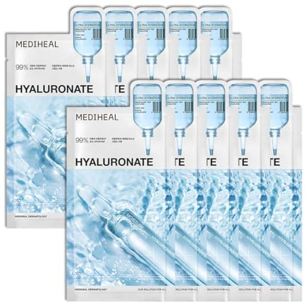 Mediheal Mascarilla facial esencial con ácido hialurónico puro para una hidratación duradera, absorción profunda de la piel y barrera contra la humedad. Fórmula vegana. 10 unidades, transparente.
