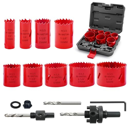 Greywolf Set di 15 pezzi di sega a tazza bimetallica, kit di sega a tazza M3 HSS con lama da 19-64 mm (3/4-2-1/2), 9 lame per sega a tazza, con scatola, mandrino, punta per trapano, chiave esagonale