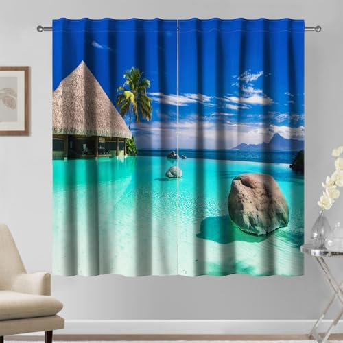 Kzzfqxb Tende 140x229cm 2 Pannelli, Casa con Tetto di Paglia Palma Acqua Limpida dell'Oceano Pietre Sparse Paesaggio di Spiaggia Tendaggi, Decorazioni Fresco per Camera da Letto e Soggiorno