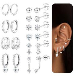 MOGASA 10Pairs Earrings for Women Silver/Gold Stud Hoops Flat Back Earrings