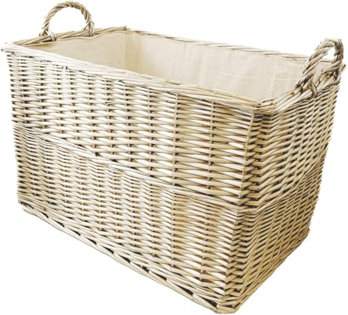 Arthur Cameron Grand panier à bûches en osier avec doublure et poignées – Grand panier de rangement robuste parfait pour les jouets, les couvertures, le couloir, le garage, le salon, la chambre ou le