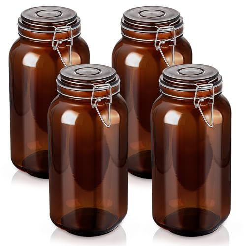 Norme 4 Pack 78oz Amber Airtight Glass Jars with Lids, Square Food Storage Container Airtight Food Wire Clip Fastening for Sauerkraut Flour Kitchen Sugar Cereal Kitchen Canning Pickling Mason Jars