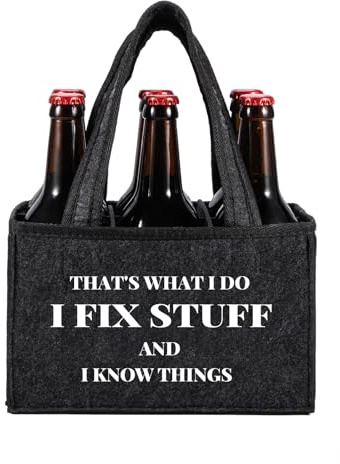 Birthday Gifts for Men, Gifts for Men Who Have Everything, “I Fix Stuff & I Know Things” Beer Carrier, Personalised 6 Bottle Felt Tote Bag, Presents for Dad Grandad Father’s Day