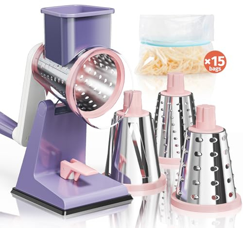 Nexsujo Upgraded Rotary Cheese Grater, Hand Crank, Pinkish Purple
