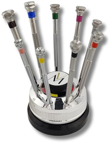 MV - Socle tournant de 9 tournevis d'horloger avec mèches de rechange - Tailles de Ø 0.6mm à 3.0mm