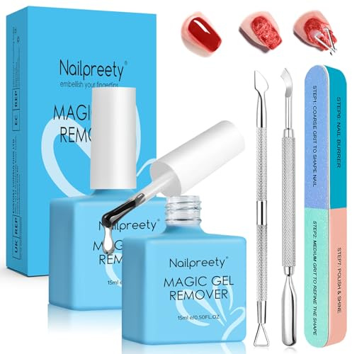 2 x 15 ml Remover semipermanente unghie, Solvente Per Smalto, Nail Polish Remover kit, Rimuove in 3-5 Minuti Facilmente e Rapidamente lo Smalto, Con Lime per Unghie e Spingi Cuticole