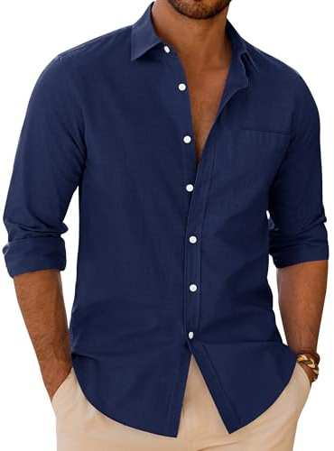 siliteelon Mens Linen Shirts Long Sleeve Cotton Casual Regular Fit Solid Button Down Beach Summer Tops with Pocket