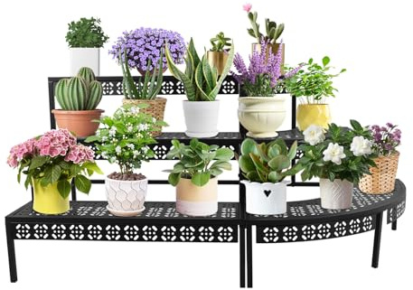 Escalier à fleurs en métal à 3 niveaux, étagère à fleurs, étagère à plantes pour jardin, balcon, intérieur et extérieur, étagère à fleurs multifonctionnelle avec grande capacité, rond, noir