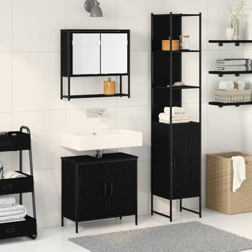 Traylux badrumsmöbelset med hylla 3 delar svart trämaterial modern design förvaringsutrymme badrumsmöbler set med tvättställ och spegel för eleganta badrum