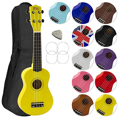 Mad About SU8 sopran ukulele i gult med gratis spelväska, plockning och reservsträngar – bra för skolor och nybörjare, nu med kolsvarta strängar för förbättrad inställning