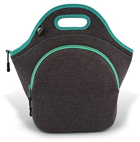 Nordic By Nature Insulated Neoprene Lunch Bag, Soft & Foldable Washable & Reusable Extra-Pocket (L) Dark Grey/Lagoon