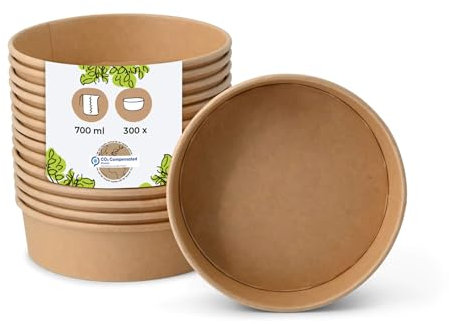 BIOZOYG Einweg Salatschale Bio Einweggeschirr Suppen-Schale braun rund 700 ml I Kompostierbare Schalen Kraftkarton Verpackung mit PLA Innenbeschichtung I 300 Einweg-Schalen To Go Becher Salat