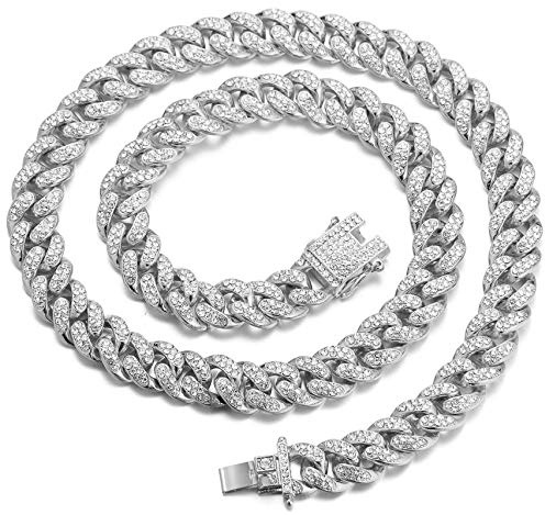 HALUKAKAH Cadena de Oro para Hombre,Cadena Cubanos 13MM Iced out Acabado en Oro Blanco Platino Iced out Gargantilla Collar 50cm,Cz Completa Juego de Puntas de Corte de Diamante,con Caja de Regalo