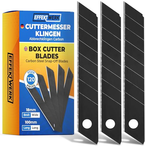 120x Cuttermesser Klingen - 18mm Abbrechklingen aus Carbonstahl - Ersatzklingen für Cuttermesser - Teppichmesser Klingen - gehärtet & extrem Scharf - Ersatzklingen Cuttermesser - Schwarz