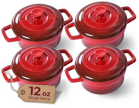 Lareina Mini Keramik Runde Kocotte mit Deckel zum Backen, Mini Auflaufform, Souffle Auflaufförmchen, Auflaufförmchen mit Deckel und Griff, Keramik für französische Zwiebelsuppe, 4er Set Rot