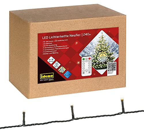 Idena 31338 - LED Lichterkette mit 240 LEDs in Warmweiß, 5 Farbtemperaturen, mit 3 Timer Funktionen, Dimmer und Memoryeinstellungen, ca. 31,9 m lang, als Party Deko, Weihnachtsdeko und zur Hochzeit