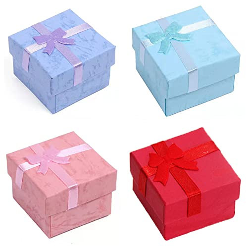lurora2021 4 Piezas Cajas de Cartón para Joyas Cajas Bonitas para Regalo Anillos Joyas Cajas de Regalo Cuadradas Con Lazo para Joyeros Como Aretes, Anillos, Colgantes, Collares Y Pulseras (4 Colores)