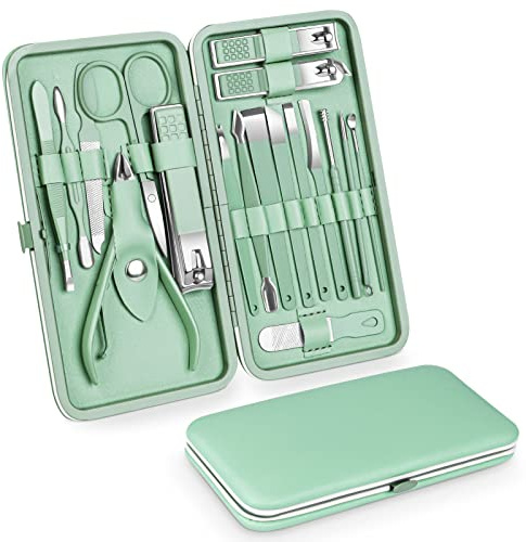Teamkio 18pcs Manicure Set Pedicure Nail Clippers Set Travel Hygiene Kit Stainless Steel Professional Cutter Care Set Scissor Tweezers Knife Ear Pick Tools Grooming Kits with Leather Case