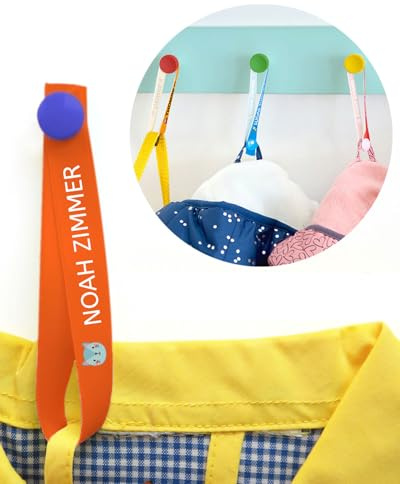 6 Cintas para Colgar Ropa sin Coser. Colgadores Personalizados con Nombre para Colgar Chaquetas y Batas de los niños en el Cole y guardería. Etiquetas de Tela con botón.