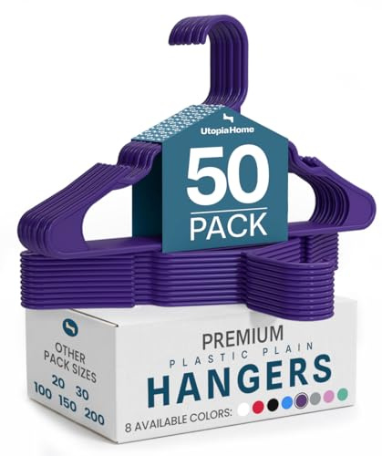 Utopia Home Plastic Hangers 50 Pack - Perfect Space Saving Clothes Hanger - Durable and Strong - Perfect Closet Organizers with Shoulder Grooves (Purple)