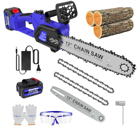 Akku Kettensäge, 12 Zoll Bürstenlose Elektro Kettensäge mit 1 * 4000mAh Akku und 2 Ketten, 600 Watt Power Kettensägen-Set, Schnittgeschwindigkeit 10 m/s, Schnittlänge 34cm, sichtbarer Ölstand