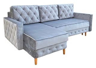 Ares Meble Ecksofa mit Schlaffunktion 227x144 cm - Ottomane Sofa L Form - L Couch 3 Sitzer - Schlafcouch mit Bettkasten - Samt Sofa Glamour - Chesterfield Sofas Ausziehbar - Beine aus Erle - Grau