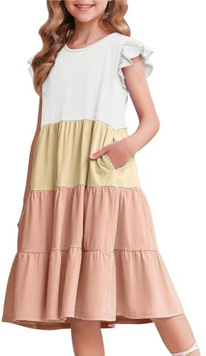 Arshiner Girls Dresses Ruffle Sleeves Summer Kids Cotton Casual Dress Round Neck Sleeveless Party Swing Festive Dress for Girls 13-14 Years