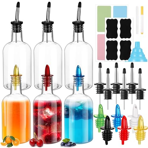 Maxcheck 6 Set 16 oz Plastic Long Neck Bottles with Rainbow Pourer and Caps Plastic Juice Pour Bottles with Stainless Steel Pourer Tapered Spout Syrup Pourers for Liquor Juice Store