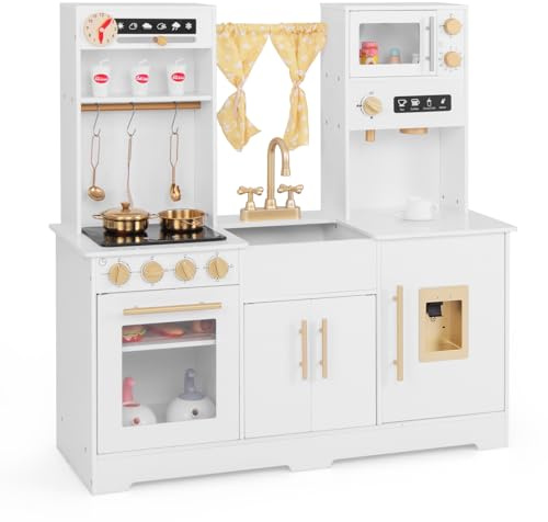 GOPLUS Cuisine Enfant, Kit de Cuisine à Jouer avec Effets Sons et Lumières, Cafetière, Four, Evier, Micro-Ondes, Ustensiles et Accessoires Riches, Cuisine de Jeu en Bois pour Enfant 3+ Ans (Blanc)