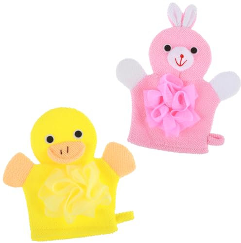 Wanmu Kids Wash Mitt, 2 Pcs Toddler Loofah Shower Gloves Body Scrubber, Cartoon Exfoliating Gloves, Bath Mitt Baby Cute Animal Bathing Glove for Body and Face (Yellow Duck, Pink Rabbit)