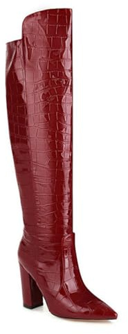 HQINGAXU Femmes Bottes Over The Knee Hiver Bout Pointu Talon Bloc Haut Chunky Cuir Hautes Jusqu'aux Genoux Crocodile Rétro Combat Enfiler Chaussures Décontractées Quotidiennes,Rouge,45 EU