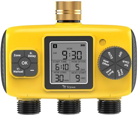 TRJZWA Bewässerungscomputer mit 3 Ausgängen, Automatische Bewässerung Bewässerungszeitschaltuhr für Gärten und Terrassen mit LCD-Display Regenverzögerung, IP65 Wasserdicht, Energiesparend
