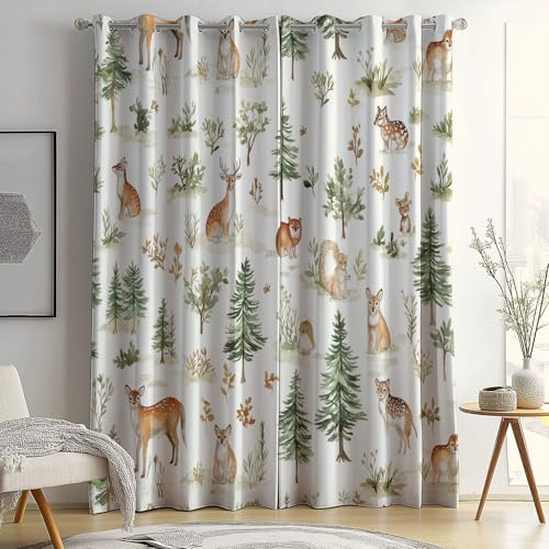 Eyelet Curtain White Print for Living Room Nursery Kids Boys Girls Bedroom Window Cartoon Woodland Animals Pattern Drapes W 46 x L 54 (2 Panels) Blackout Curtains