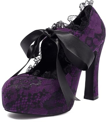 elerhythm, scarpe da donna con punta floreale, tipo Mary Jane, punk, chiuse, a punta, costume, eleganti, gotiche, pumps, vintage, con piattaforma, tacco alto, Lilla, 40 EU