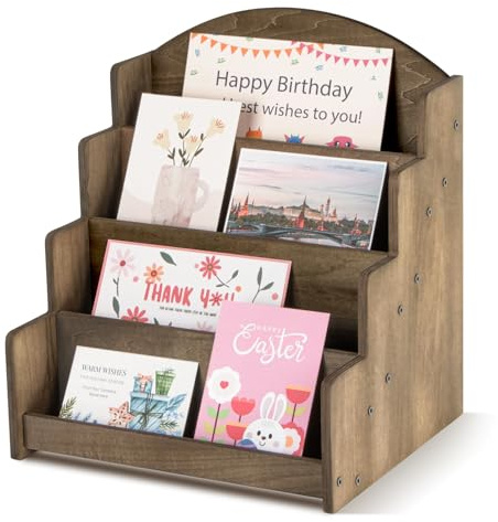 PUERSI Espositore per cartoline, Espositore legno per negozi al dettaglio, venditori di biglietti di auguri, porta cartoline, marrone