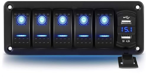 Greluma 5 vägs vippströmbrytare i aluminium med voltmeter och dubbel USB (4.2A) snabbladdning, blå bakgrundsbelyst LED, förkopplad IP65 vattentät för marin, båt, bil, lastbil (blå)