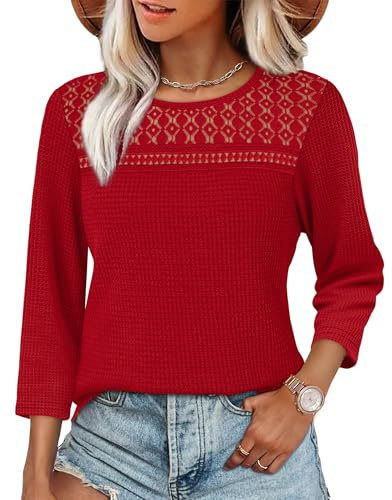 Aokosor Women 3/4 Sleeve Tops Ladies Lace Blouse Crew Neck Tunic Shirts Casual Loose Fit Ladies Tops Red Size 18-20