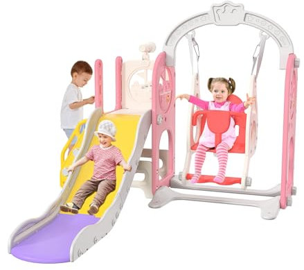 6 en 1 Toboggan pour Enfant, Toboggan Enfant avec Balançoire, Télescope, Espace de Rangement, Escaliers, Panier de Basket et Tunnel, Aire de Jeux Intérieure et Extérieure (Rose)