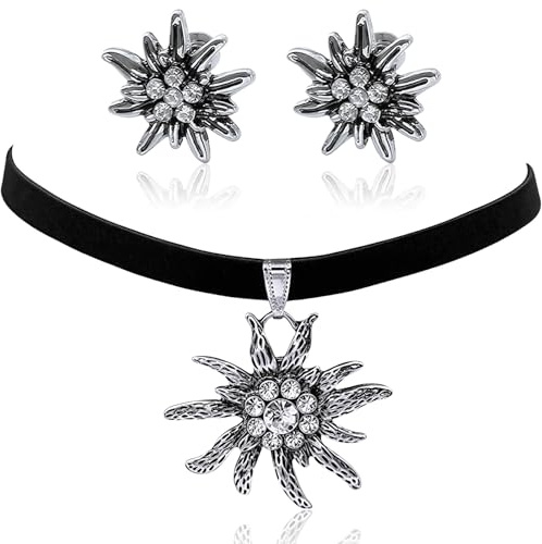 GWAWG Damas Juegos de Joyas,Edelweiß Necklace Elegante Trachtenkette,Trachtenkette mit Rhinestone Edelweiß Corazón colgante, Traditional Bavarian Jewellery Set Dirndlschmuck Trachten Dirndl Accesorios