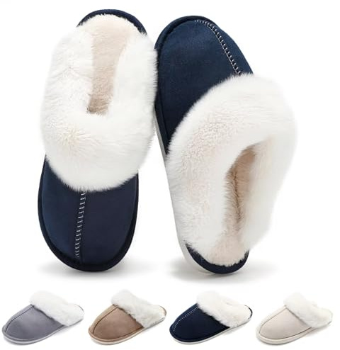 Schuvox Zapatillas Casa Invierno Cálidas Mujer Hombre Pantuflas con Forro de Felpa Zapatillas de Estar por Casa con Plantilla de Espuma con Memoria para Interior y Exterior Unisex Azul 38-39EU