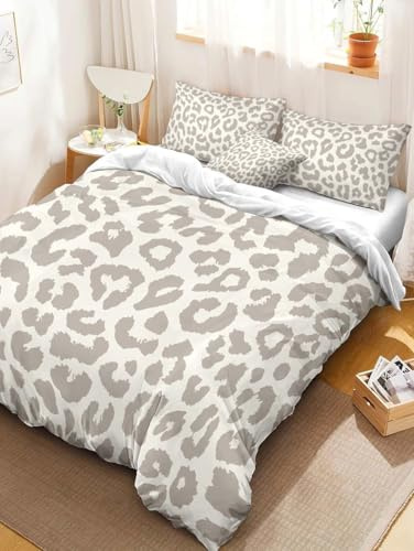 Copripiumino Singolo Grigio Traspirante in Microfibra Set di Biancheria da Letto Leopardo con Cerniera 3D Copripiumino 135x200 e 2 Federe b-3452