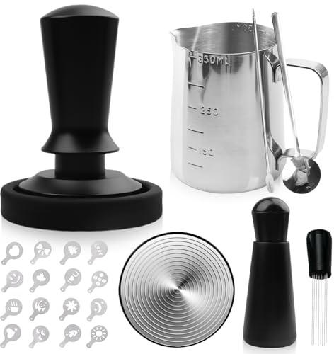 GOMETY Juego de prensador de café, 22 piezas, accesorios Barista con prensador de espresso de 51 mm, alfombrilla para prensar, jarra de espuma de leche, cuchara para mezclar, bolígrafo de arte latte y