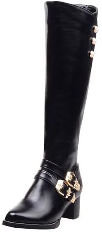Femme Bottes Hautes En Cuir Talon Bloc Bordeaux Avec Boucles Dorées Grande Taille Antidérapant Bottes Style Cavalier Élégant Boots Chaussures Automne Et Hiver 45